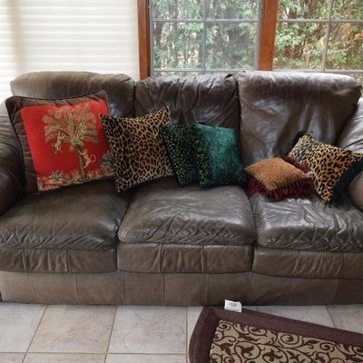 Leather Sofa & Decorator Pillows