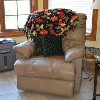 Leather Recliner, Pillows, & Afghan