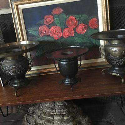 Framed Art, 3 Japanese Ikebana  Tripod Flower Vases.
