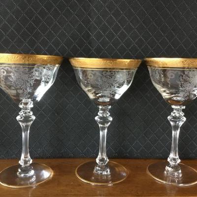Vintage Tiffin Crystal Stemware - Discontiued  Clear, Etched, Gold Encrusted - Pattern is Melrose. 11  Champagnes