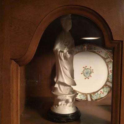 Asian Figurine on Stand, Porcelain Dish.