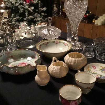 Porcelain Bowls, Belleek creamers, sugar, misc tea cups, misc saucers