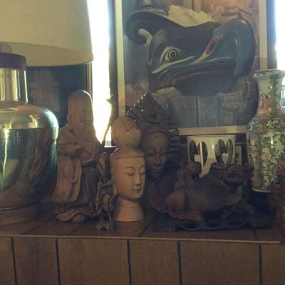 Brass Lamp, Wooden Carvings (Confucious, Bust of Asian Woman, Bust of Thai Woman, Ox)