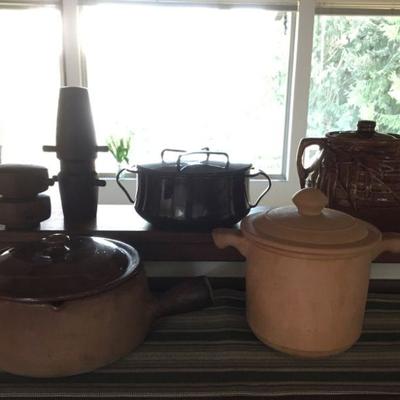 MCM Style Salt and Pepper Mill, Dansk Enamel Cookware, McCoy Cookie Jar, French Clay baking /cooking pots.
