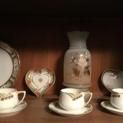 Japanese tea and cup set, Porcelain Hear Shaped mini dishes, Blown Glass Frosted Vase.