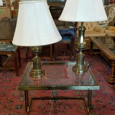 70s Glass Brass Table and Lamps