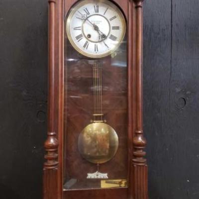 #952: Antique Wall Mount Clock with Swinging Pendulu, 
