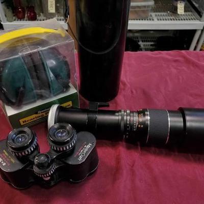 #742: Spiratone Telephoto Lens, Remington Folding Ear Muffs, and Mastercraft Binoculars
Spiratone Telephoto Lens 49722, Remington Folding...