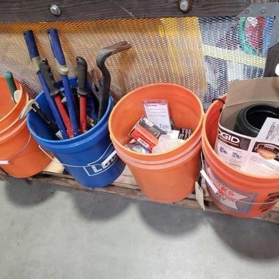 #1205: 4 Buckets with Tools, Husky Bag, Painter Tools, Wooden Dolly, Screen amd More...
4 Buckets with Tools, Husky Bag, Painter Tools,...