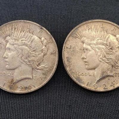 #618: 1924 and 1926 US Peace SIlver Dollars
Philadelphia and Denver Mint 
