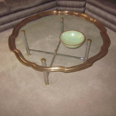 MCM GLASS WITH FRAMED BRASS ACCENT COFFEE TABLE