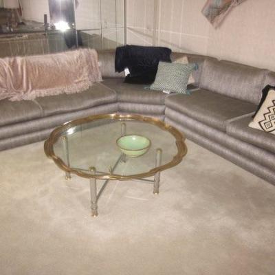 MCM GLASS WITH FRAMED BRASS ACCENT COFFEE TABLE STUNNING CUSTOM SECTIONAL SOFA'S TO CHOOSE FROM