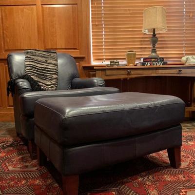 Blue Leather Chair and Ottoman