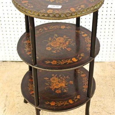 ANTIQUE 3 Tier Inlaid French Table with Brass Gallery â€“ auction estimate $100-$300 â€“ Located Inside
