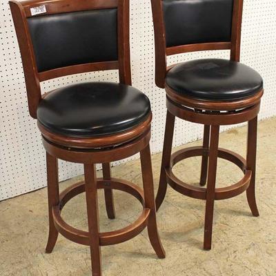 PAIR of High Back Mahogany and Leather Bar Stools â€“ auction estimate $100-$200 â€“ Located Inside