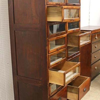 ANTIQUE Country Multi Drawer Glass Front Display Cabinet â€“ Possibly Shirts or Seeds in the Mahogany Finish with Original Label...
