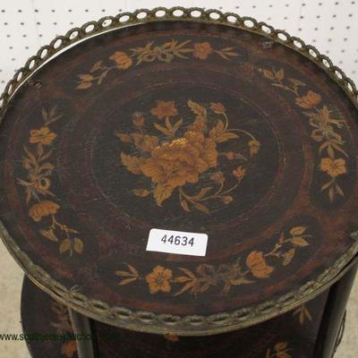 ANTIQUE 3 Tier Inlaid French Table with Brass Gallery â€“ auction estimate $100-$300 â€“ Located Inside