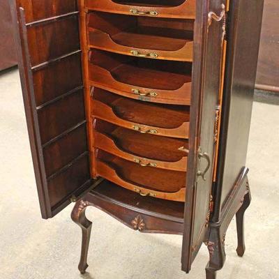 ANTIQUE Mahogany French Style Music Cabinet with Applied Carving â€“ auction estimate $100-$300 -Located Inside 