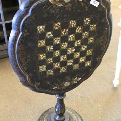 ANTIQUE Tilt Top Mother of Pearl Inlaid Game Table â€“ auction estimate $100-$300 â€“ Located Inside 