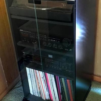 Denon stereo system, turntable and vinyl albums