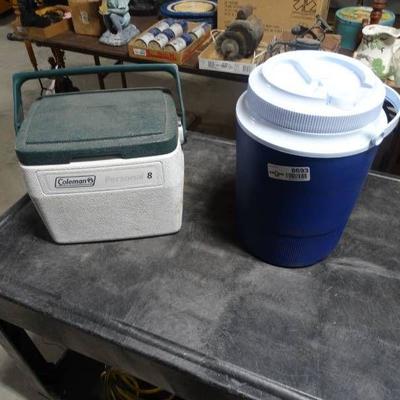 Small coleman cooler and a drinking cooler.