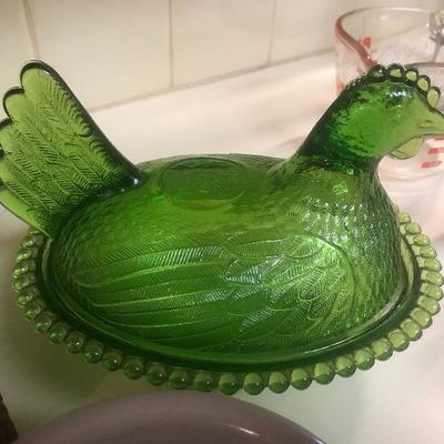 Vintage green glass covered chicken dish 
