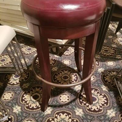 Wood and Red Leather Bar Stool