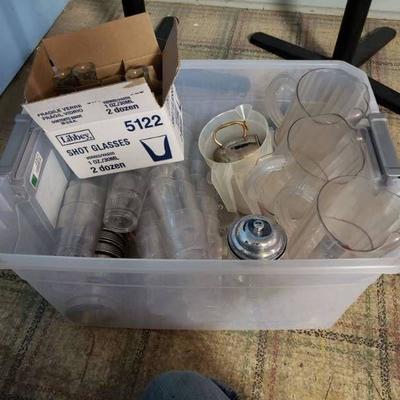 Various Glasses, plastic cups, and shot glasses