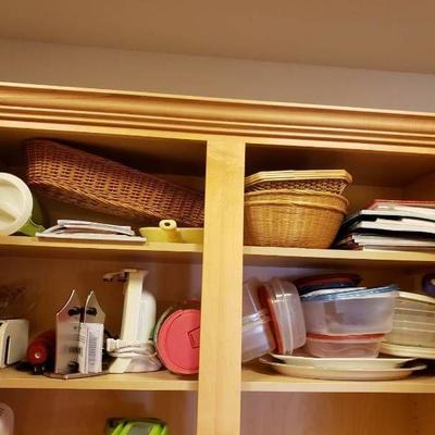 Kitchen contents on two shelves
