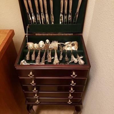 Sterling Silverware cabinet with contents