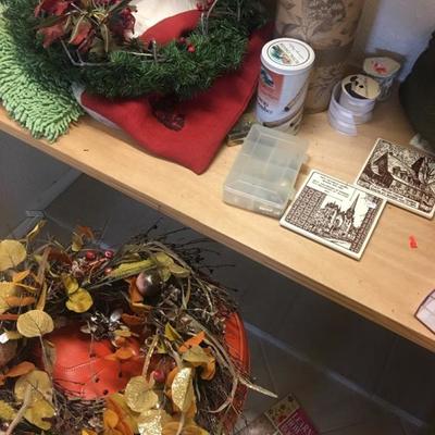 Holiday wreaths and lots of sewing material