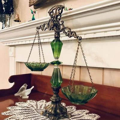 Vintage brass and green glass scale. $125