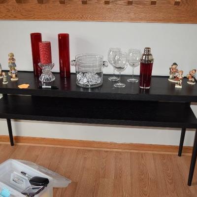 Sideboard, Hummels, Candles, Martini Shaker w Glasses, & Icebucket