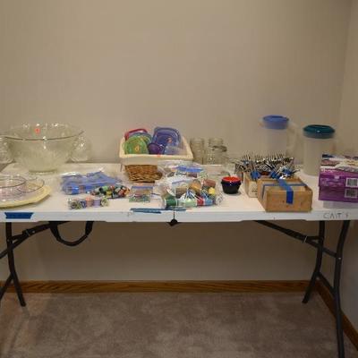 Silverware, Sewing Supplies, Food Storage Items, Punch Bowl