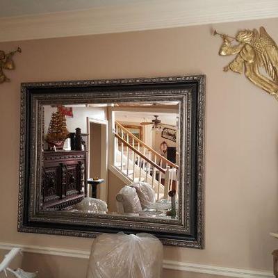 . CLASSIC ITALIAN LARGE BEVELED ORNATE BLACK PLATINUM/CHAMPAGNE SILVER WITH TOUCH OF   GOLD WALL MIRROR IN EXCELLENT CONDITION.
