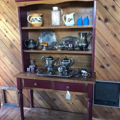 Hutch filled with collectible silver plate tray set and other fun items 