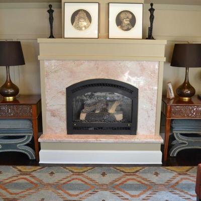 Pair of fret carved mirrored side tables and Mitchell Gold ottomans