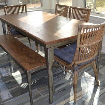 Arhaus dining table with four chairs and bench