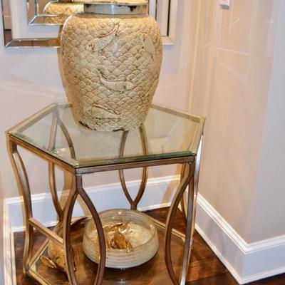 Bernhardt hexagonal side table and ginger jar with fish decoration