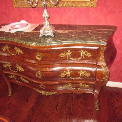 Italian Carved Inlaid Bombe Chest Of Drawers