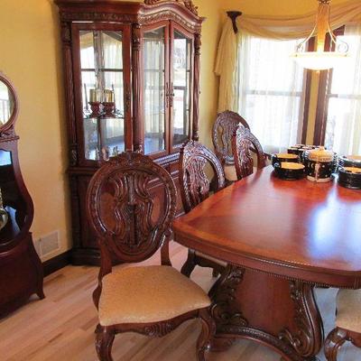 Wood inlay dining table and cabinet
