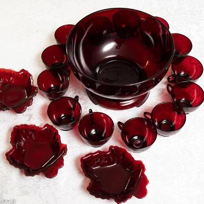 Cranberry glass punch bowl and cups
