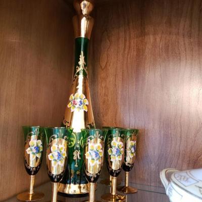 Italy, Hand Painted, Gold Highlights, Decanter Set with glasses
