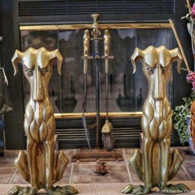 SOLID brass Hound dog Fireplace Andirons c. 1930 - with matching fireplace tools and door knocker!