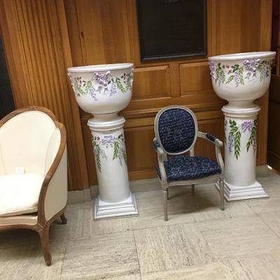 Large Italian porcelain pedestal and Jardinere’s artist signed and chair