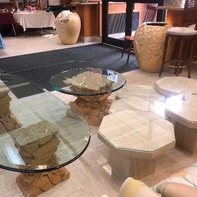 Six custom marble mushroom tables 