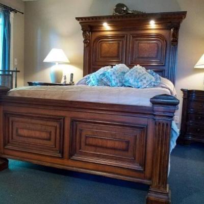 Picture of queen bed frame am amazing set purchased new for over $5,000 is being sold at a fabulous price - 
End tables - dresser - bed...