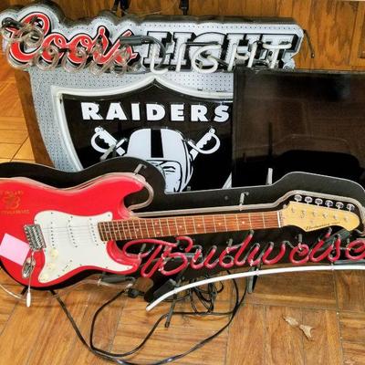 Budweiser Real Guitar Neon Sign, Coors Light Raiders Neon Sign 