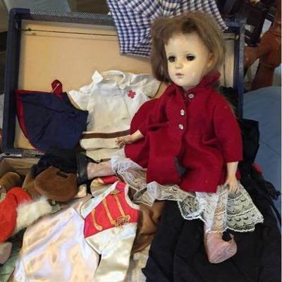 Vtg Doll, Clothes, and Suitcase