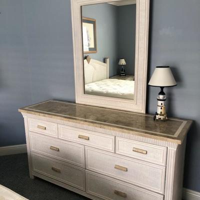 -- Southern Lifestyles Beachy whitewashed (with solid surface tops & trim) bedroom suite - $665- Including: 
	Queen headboard (66